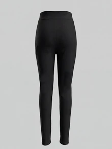 SHEIN Tween Girls 2 PCS Leggings, Pure Black Yoga Tight Pants, Fashionable Versatile Classic Running Cycling Hiking Long Pants 2 Pieces Set - Black - View 2
