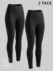 SHEIN Tween Girls 2 PCS Leggings, Pure Black Yoga Tight Pants, Fashionable Versatile Classic Running Cycling Hiking Long Pants 2 Pieces Set - Black - View 1