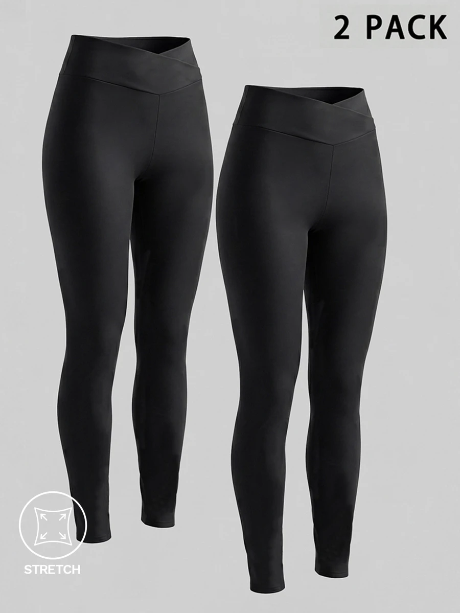 SHEIN Tween Girls 2 PCS Leggings, Pure Black Yoga Tight Pants, Fashionable Versatile Classic Running Cycling Hiking Long Pants 2 Pieces Set - Black - View 1