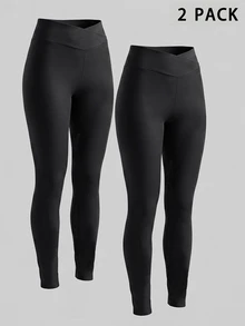 SHEIN Tween Girls 2 PCS Leggings, Pure Black Yoga Tight Pants, Fashionable Versatile Classic Running Cycling Hiking Long Pants 2 Pieces Set - Black - View 6