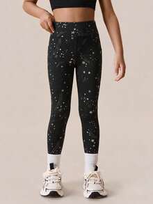 SHEIN 2 PCS Young Girls Leggings, Sports Outdoor Young Girls Starry Spray Dotted Pattern Yoga Snug Pants, Pockets, Multi-Color, High Elasticity, Free Stretch, Fashion Versatile Classic Running Cycling Hiking Black Rose Red Long Pants 2 Pieces Set - Multicolor - View 4