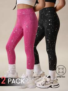 SHEIN 2 PCS Young Girls Leggings, Sports Outdoor Young Girls Starry Spray Dotted Pattern Yoga Snug Pants, Pockets, Multi-Color, High Elasticity, Free Stretch, Fashion Versatile Classic Running Cycling Hiking Black Rose Red Long Pants 2 Pieces Set - Multicolor - View 1