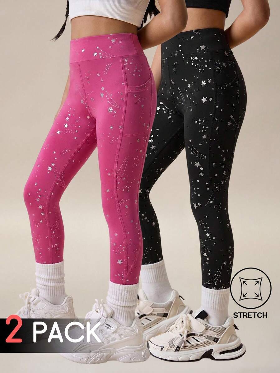 SHEIN 2 PCS Young Girls Leggings, Sports Outdoor Young Girls Starry Spray Dotted Pattern Yoga Snug Pants, Pockets, Multi-Color, High Elasticity, Free Stretch, Fashion Versatile Classic Running Cycling Hiking Black Rose Red Long Pants 2 Pieces Set - Multicolor - View 1