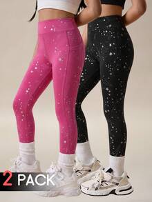 SHEIN 2 PCS Young Girls Leggings, Sports Outdoor Young Girls Starry Spray Dotted Pattern Yoga Snug Pants, Pockets, Multi-Color, High Elasticity, Free Stretch, Fashion Versatile Classic Running Cycling Hiking Black Rose Red Long Pants 2 Pieces Set - Multicolor - View 9