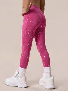 SHEIN 2 PCS Young Girls Leggings, Sports Outdoor Young Girls Starry Spray Dotted Pattern Yoga Snug Pants, Pockets, Multi-Color, High Elasticity, Free Stretch, Fashion Versatile Classic Running Cycling Hiking Black Rose Red Long Pants 2 Pieces Set - Multicolor - View 3