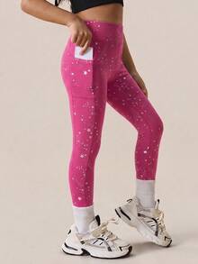 SHEIN 2 PCS Young Girls Leggings, Sports Outdoor Young Girls Starry Spray Dotted Pattern Yoga Snug Pants, Pockets, Multi-Color, High Elasticity, Free Stretch, Fashion Versatile Classic Running Cycling Hiking Black Rose Red Long Pants 2 Pieces Set - Multicolor - View 5