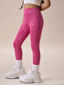 SHEIN 2 PCS Young Girls Leggings, Sports Outdoor Young Girls Starry Spray Dotted Pattern Yoga Snug Pants, Pockets, Multi-Color, High Elasticity, Free Stretch, Fashion Versatile Classic Running Cycling Hiking Black Rose Red Long Pants 2 Pieces Set - Multicolor - View 7