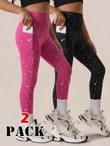 SHEIN 2 PCS Young Girls Leggings, Sports Outdoor Young Girls Starry Spray Dotted Pattern Yoga Snug Pants, Pockets, Multi-Color, High Elasticity, Free Stretch, Fashion Versatile Classic Running Cycling Hiking Black Rose Red Long Pants 2 Pieces Set - Multicolor - View 2
