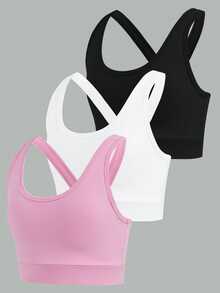 SHEIN 3pcs/Set Tween Girls Simple Solid Color Knit Fashion Sports Vest Casual Wear Set, Pink/Black/White, Autumn Winter, Fall, Back To School, Yoga, Running - Multicolor - View 8