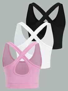 SHEIN 3pcs/Set Tween Girls Simple Solid Color Knit Fashion Sports Vest Casual Wear Set, Pink/Black/White, Autumn Winter, Fall, Back To School, Yoga, Running - Multicolor - View 3