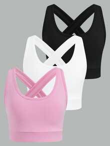 SHEIN 3pcs/Set Tween Girls Simple Solid Color Knit Fashion Sports Vest Casual Wear Set, Pink/Black/White, Autumn Winter, Fall, Back To School, Yoga, Running - Multicolor - View 5