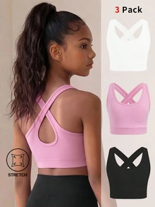SHEIN 3pcs/Set Tween Girls Simple Solid Color Knit Fashion Sports Vest Casual Wear Set, Pink/Black/White, Autumn Winter, Fall, Back To School, Yoga, Running - Multicolor - View 1