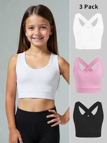 SHEIN 3pcs/Set Tween Girls Simple Solid Color Knit Fashion Sports Vest Casual Wear Set, Pink/Black/White, Autumn Winter, Fall, Back To School, Yoga, Running - Multicolor - View 2