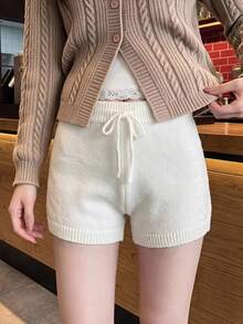 Comfortcana Solid Color High Waist Drawstring Casual Sweater And Shorts Set In Autumn Lounge Off-White Lounge - White - View 1