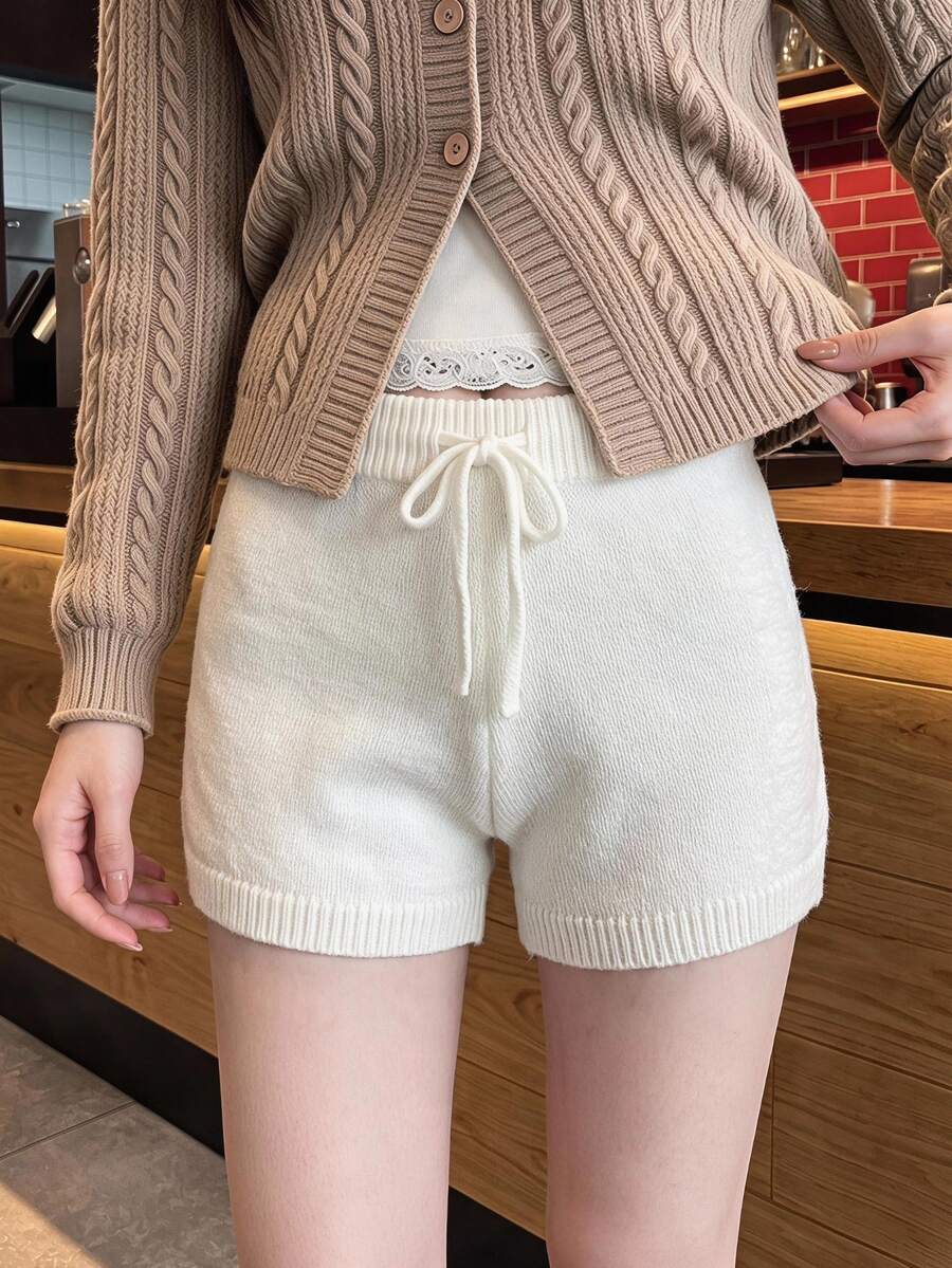 Comfortcana Solid Color High Waist Drawstring Casual Sweater And Shorts Set In Autumn Lounge Off-White Lounge - White - View 1