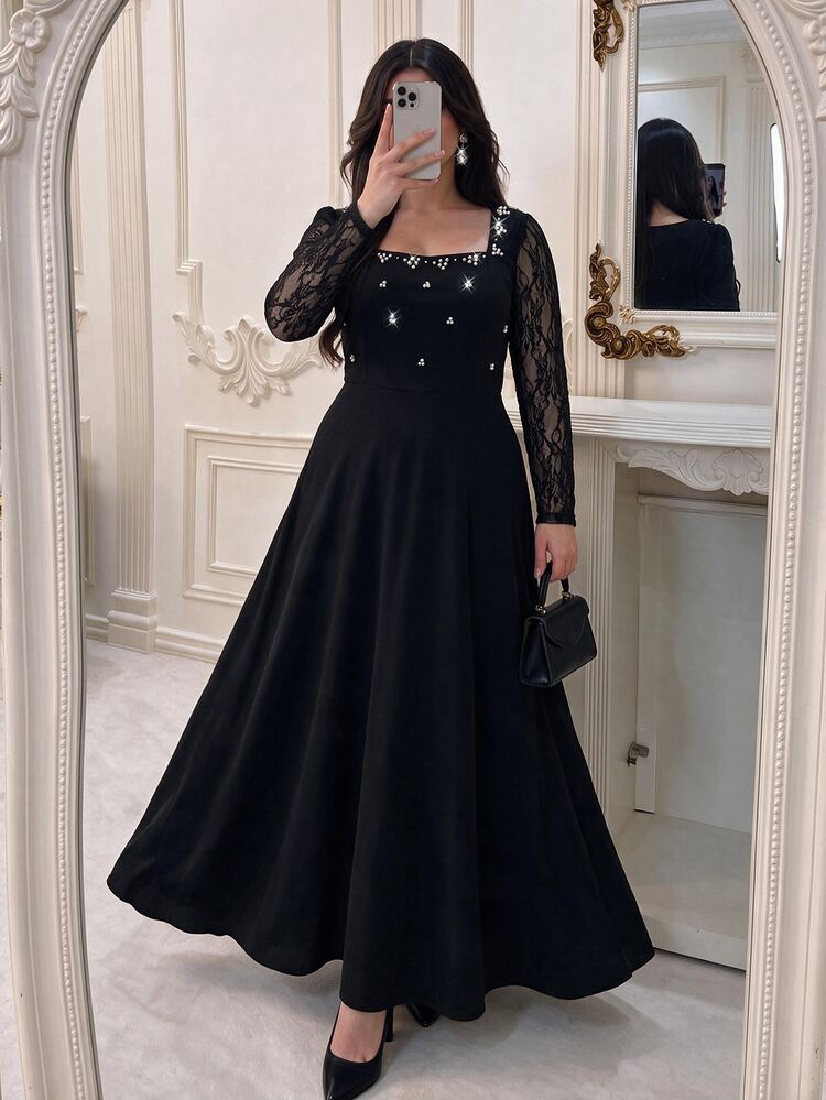 Modelyn Plus Size Women Square Neck Midi Dress, Pearl Rhinestone Embellished Lace Long Sleeve High Waist A‑Line Formal Gown, Elegant Fall Wedding Guest Party - Black - View 4