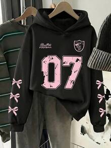 青少年女孩甜美人造珍珠蝴蝶結印花衛衣，舒適秋冬款式，適合秋季/冬季返校，黑色粉色 Y2K K-Pop 風格 - 黑色 - 查看 3