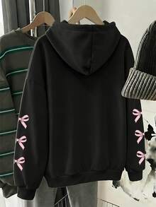 青少年女孩甜美人造珍珠蝴蝶結印花衛衣，舒適秋冬款式，適合秋季/冬季返校，黑色粉色 Y2K K-Pop 風格 - 黑色 - 查看 2