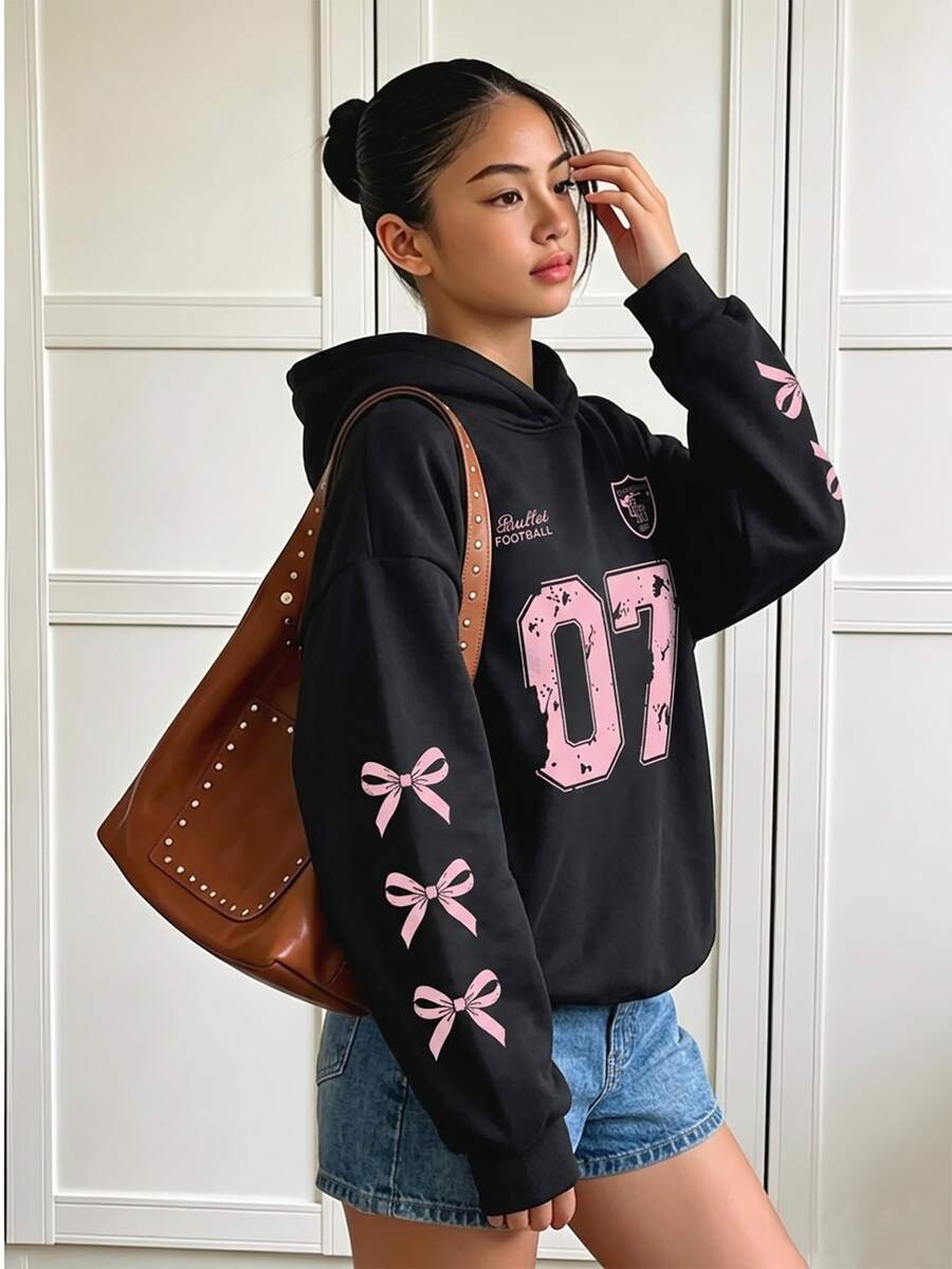青少年女孩甜美人造珍珠蝴蝶結印花衛衣,舒適秋冬款式,適合秋季/冬季返校,黑色粉色 Y2K K-Pop 風格 - 黑色 - 查看 1