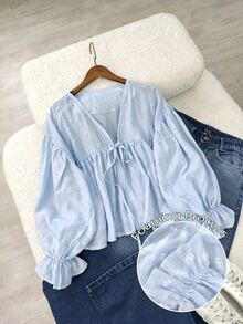 Franclia Light Blue Textured Fabric White Tiny Floral Embroidered V-Neck Front Tie Cardigan Petal Sleeve Ruffle Hem Loose Short Sun Protection Blouse - Blue - View 1