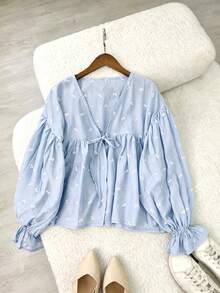Franclia Light Blue Textured Fabric White Tiny Floral Embroidered V-Neck Front Tie Cardigan Petal Sleeve Ruffle Hem Loose Short Sun Protection Blouse - Blue - View 2
