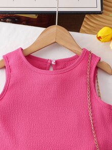 SHEIN 2pcs Young Girl Textured Fabric Contrast Hem Sleeveless Top Casual Western Baby Shorts Set Green Two Pieces Summer Outfits 7th Birthday - Hot Pink - View 4