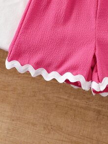 SHEIN 2pcs Young Girl Textured Fabric Contrast Hem Sleeveless Top Casual Western Baby Shorts Set Green Two Pieces Summer Outfits 7th Birthday - Hot Pink - View 9