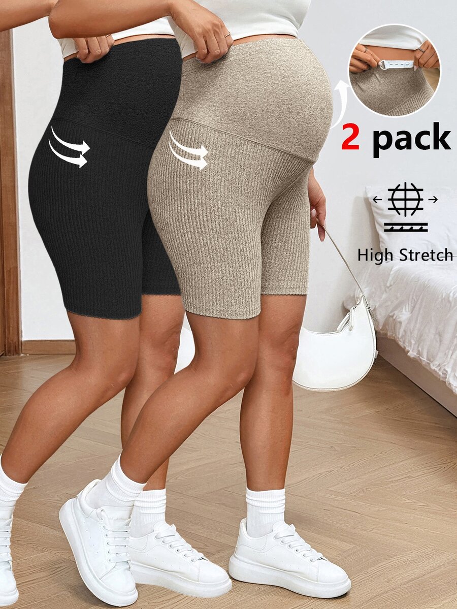 SHEIN 孕婦純色可調腰圍休閒軟綿孕婦短褲 世界盃拍照款 夏季健身運動穿搭 黑/卡其 - 彩色 - 查看 1