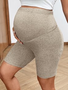 SHEIN 孕婦純色可調腰圍休閒軟綿孕婦短褲 世界盃拍照款 夏季健身運動穿搭 黑/卡其 - 彩色 - 查看 3