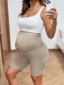 SHEIN 孕婦純色可調腰圍休閒軟綿孕婦短褲 世界盃拍照款 夏季健身運動穿搭 黑/卡其 - 彩色 - 查看 4