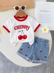 SHEIN Vintaside Kids Baby Girl Cherry Print T-Shirt, Short Sleeve Top, Contrast Color Hem Shorts 2pcs Set Vacation Family Photoshoot White Red Summer Cute - Multicolor - View 1