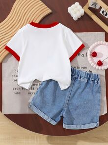 SHEIN Vintaside Kids Baby Girl Cherry Print T-Shirt, Short Sleeve Top, Contrast Color Hem Shorts 2pcs Set Vacation Family Photoshoot White Red Summer Cute - Multicolor - View 2