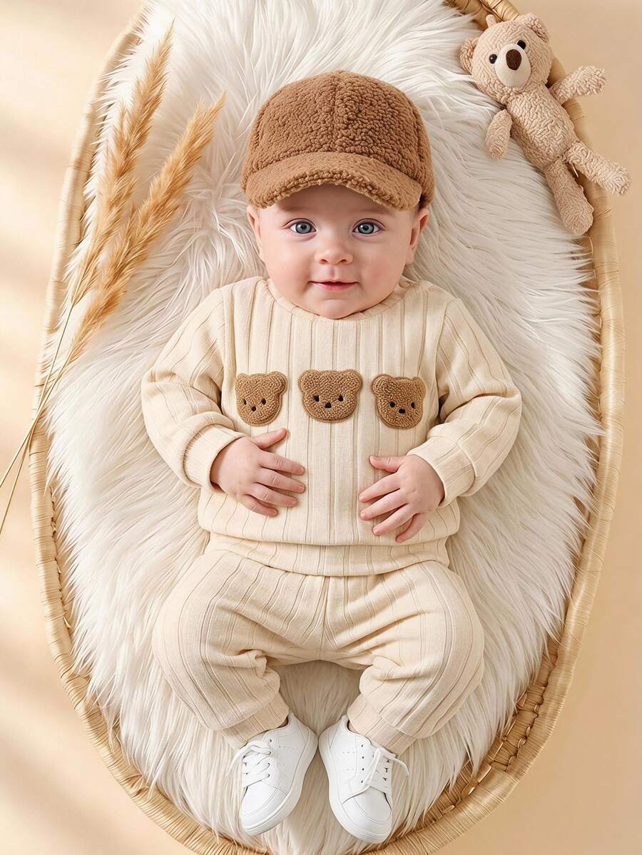 SHEIN Korean Style Cute Tropical Ribbed Fleece Newborn Baby Cartoon Bear Embroidered Sweatshirt Pants Outfit Beige Autumn Holiday Vacation White
