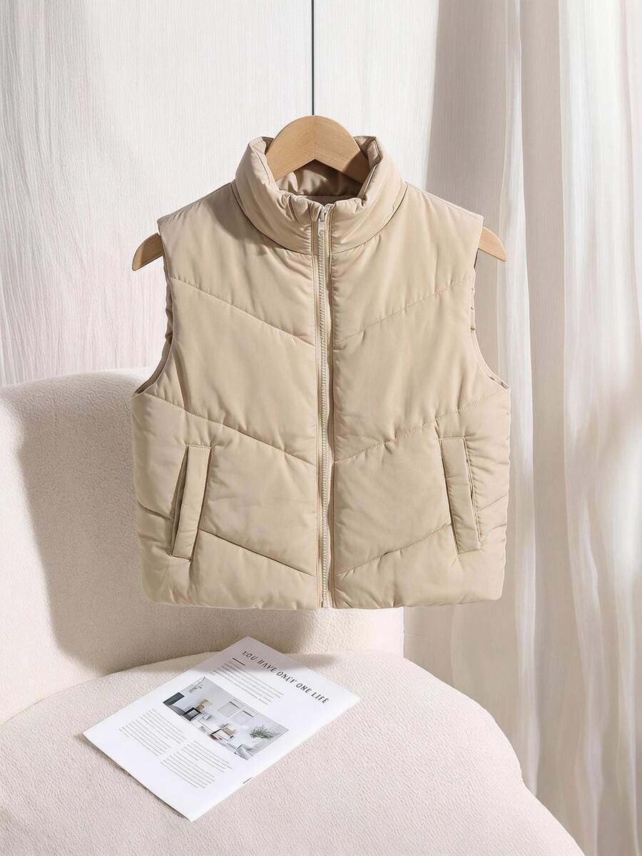 SHEIN Chaleco corto acolchado con cremallera y cuello alto para niñas preadolescentes, de forro polar, manga larga, estilo streetwear, color caqui, liso, para otoño/invierno