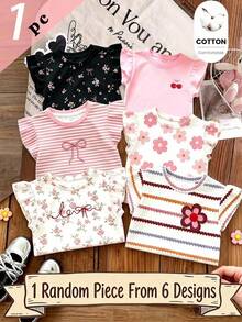 SHEIN 1件隨機波希米亞花卉、柔紫色條紋、3D蝴蝶結圖案，年輕女孩休閒極簡百搭圓領短袖T恤，適合春夏日常穿著、旅行、度假 - 粉色 - 查看 1