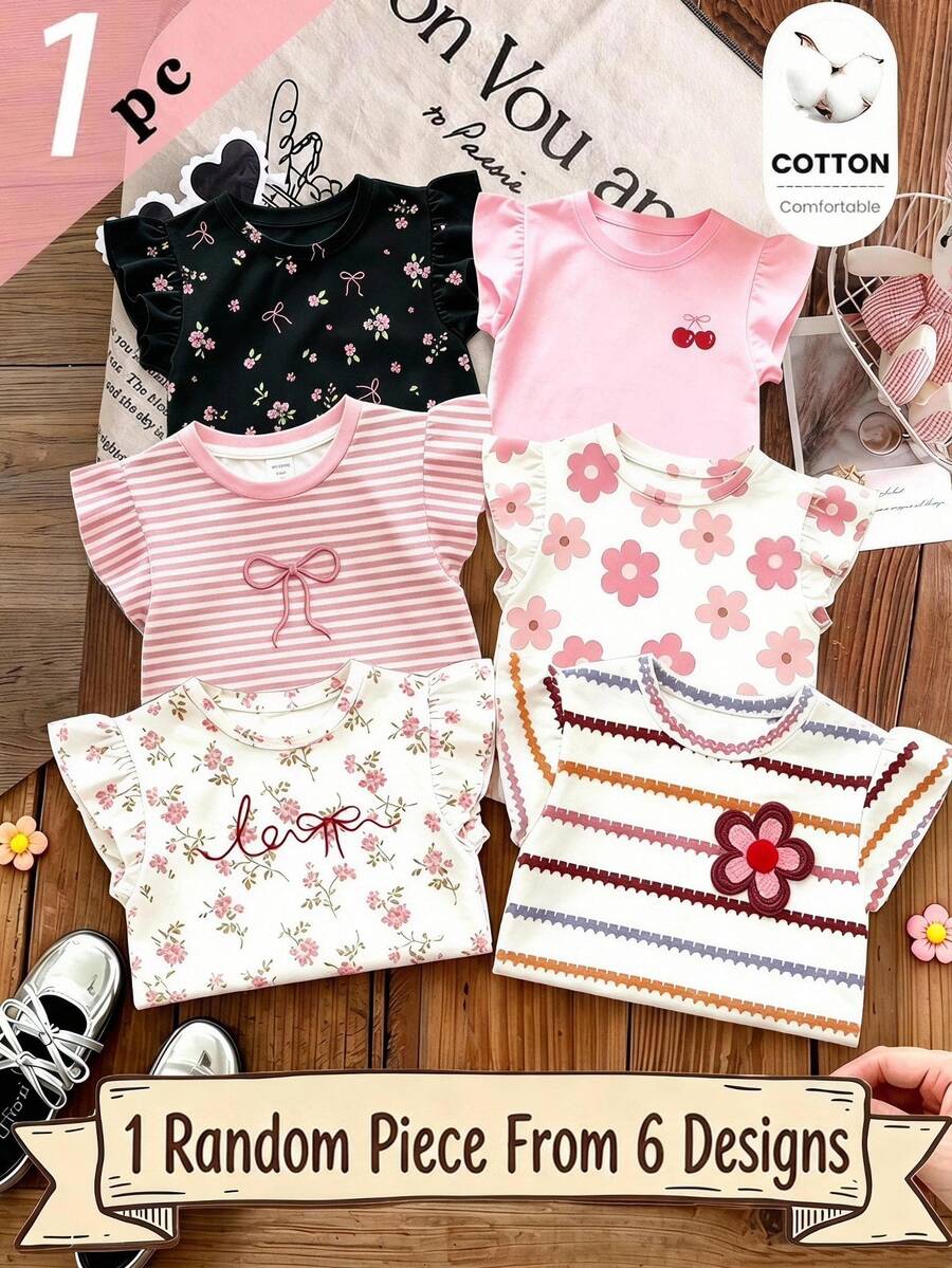 SHEIN 1件隨機波希米亞花卉、柔紫色條紋、3D蝴蝶結圖案,年輕女孩休閒極簡百搭圓領短袖T恤,適合春夏日常穿著、旅行、度假 - 粉色 - 查看 1