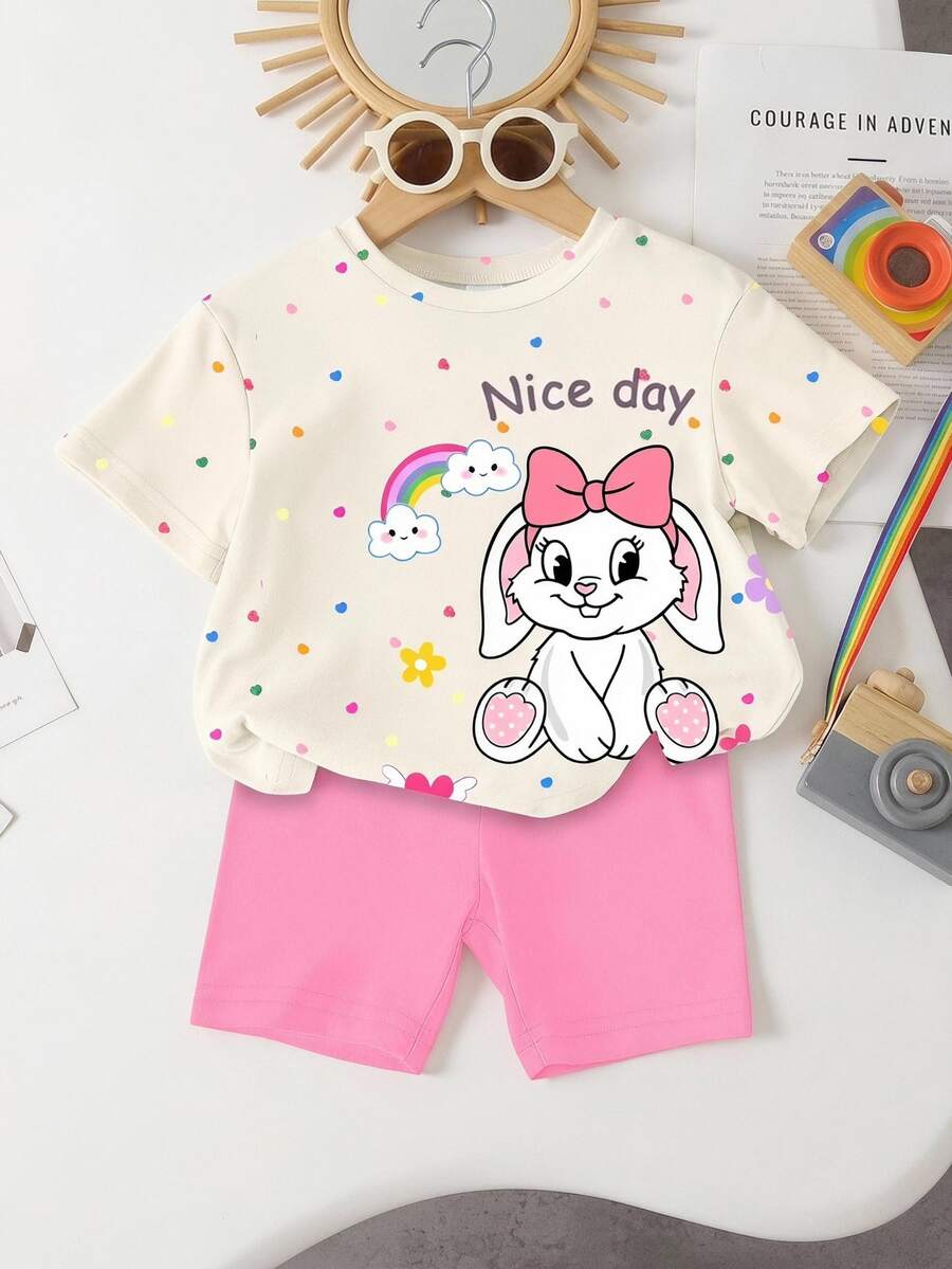 SHEIN Summer Baby Girl Cute Multi-Piece Set Off-White Pink Leopard Print Cartoon Rabbit Round Neck Short Sleeve T-Shirt Shorts Family Photoshoot - Multicolor - View 1