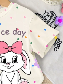 SHEIN Summer Baby Girl Cute Multi-Piece Set Off-White Pink Leopard Print Cartoon Rabbit Round Neck Short Sleeve T-Shirt Shorts Family Photoshoot - Multicolor - View 4