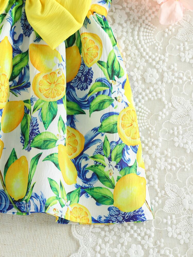 SHEIN Baby Girl Cute White And Yellow And Lemon Floral Print Sleeveless Dress Infant Newborn Summer Vacation Holiday With 3D Butterfly Decor 0-3 Years - Yellow - View 3