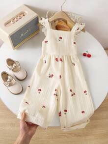Genkimix Kids 1 Pc Vintage Casual Slim-Fit Unique Cherry All-Over Print Romper, Suitable For Outdoor Activities And School In Summer - Apricot - View 6