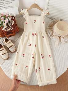 Genkimix Kids 1 Pc Vintage Casual Slim-Fit Unique Cherry All-Over Print Romper, Suitable For Outdoor Activities And School In Summer - Apricot - View 1