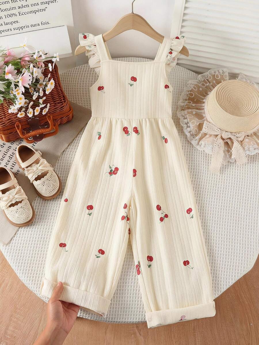 Genkimix Kids 1 Pc Vintage Casual Slim-Fit Unique Cherry All-Over Print Romper, Suitable For Outdoor Activities And School In Summer - Apricot - View 1