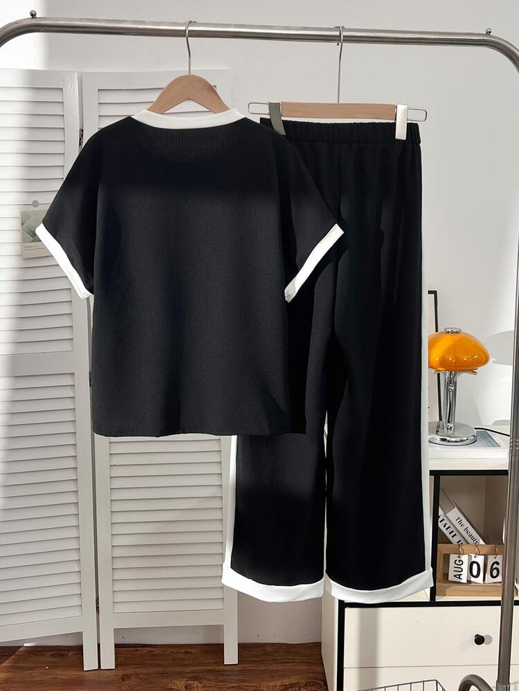 Tween Girls 2pcs/Set Short Sleeve Casual All-Match Versatile Daily Wear Black & White Contrast Trim Round Neck Raglan Sleeve T-Shirt + Straight - Black - View 2