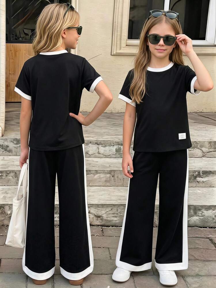 Tween Girls 2pcs/Set Short Sleeve Casual All-Match Versatile Daily Wear Black & White Contrast Trim Round Neck Raglan Sleeve T-Shirt + Straight - Black - View 1