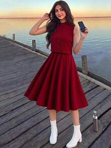 Tween Girls 2pcs/Set Summer Minimalist Solid Color Front Button Sleeveless Top And Mini Skirt Set, Casual, Outfit, Daily Wedding Red - Burgundy - View 1