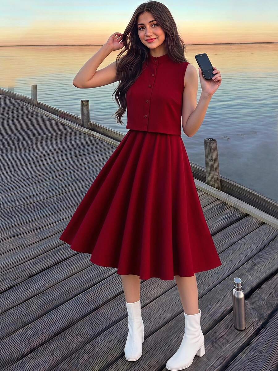 Tween Girls 2pcs/Set Summer Minimalist Solid Color Front Button Sleeveless Top And Mini Skirt Set, Casual, Outfit, Daily Wedding Red - Burgundy - View 1