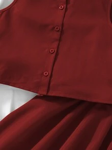 Tween Girls 2pcs/Set Summer Minimalist Solid Color Front Button Sleeveless Top And Mini Skirt Set, Casual, Outfit, Daily Wedding Red - Burgundy - View 8