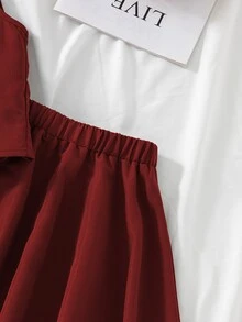 Tween Girls 2pcs/Set Summer Minimalist Solid Color Front Button Sleeveless Top And Mini Skirt Set, Casual, Outfit, Daily Wedding Red - Burgundy - View 5