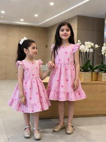 SHEIN Elladie kids 女童白色優雅公主仙女風條紋蝴蝶結印花圓領荷葉袖露背裝飾荷葉邊洋裝，生日派對、嬰兒洗禮、夏季度假適用 - 粉色 - 查看 4