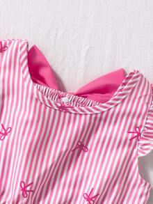 SHEIN Elladie kids 女童白色優雅公主仙女風條紋蝴蝶結印花圓領荷葉袖露背裝飾荷葉邊洋裝，生日派對、嬰兒洗禮、夏季度假適用 - 粉色 - 查看 6